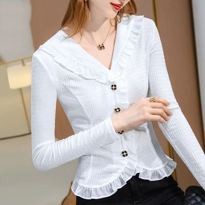 Blusa feminina elegante com decote em v emendado babados, pulôveres casuais extragrandes, camisa de viagem elegante, roupas novas, outono, 2024