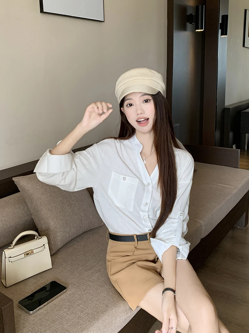 Daily Commute White V-Neck Long Sleeve Women's Shirt Casual Layering Inner Wear Polyester Fiber Breathable Sunscreen