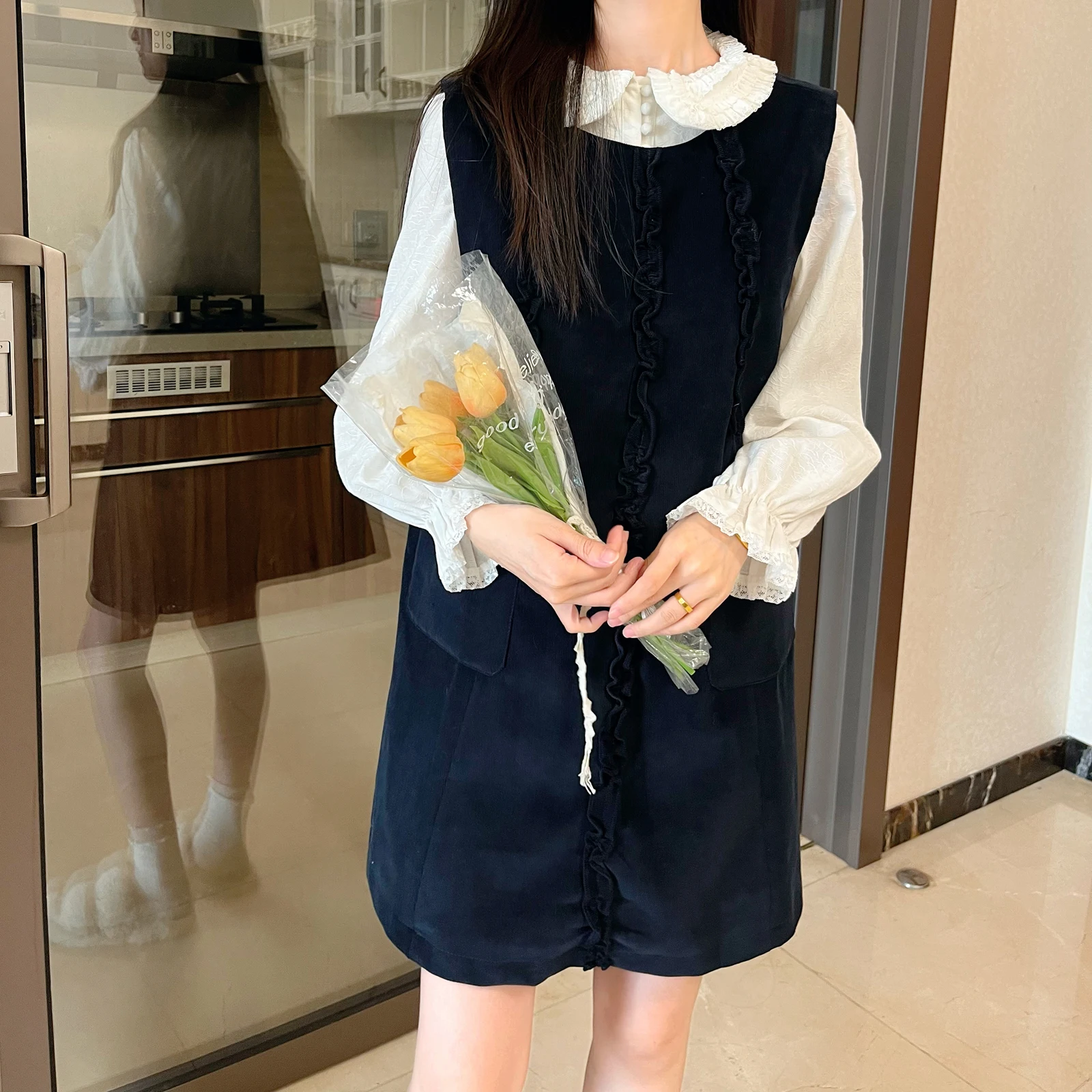 아일린 빈티지 베스트 스커트 숏 플래드 루즈 스윗 유스풀 드레스 코듀로이 작은 체형 여성용 레트로 스타일 라운드넥 드레스