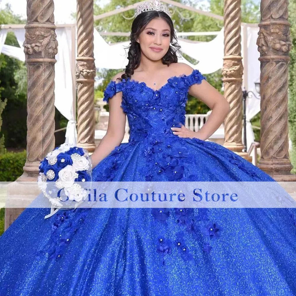 Vestido de princesa azul real para quinceañera, traje con hombros descubiertos, apliques de encaje dulce 15, vestidos brillantes de fiesta de cumpleaños, talla personalizada, 2022