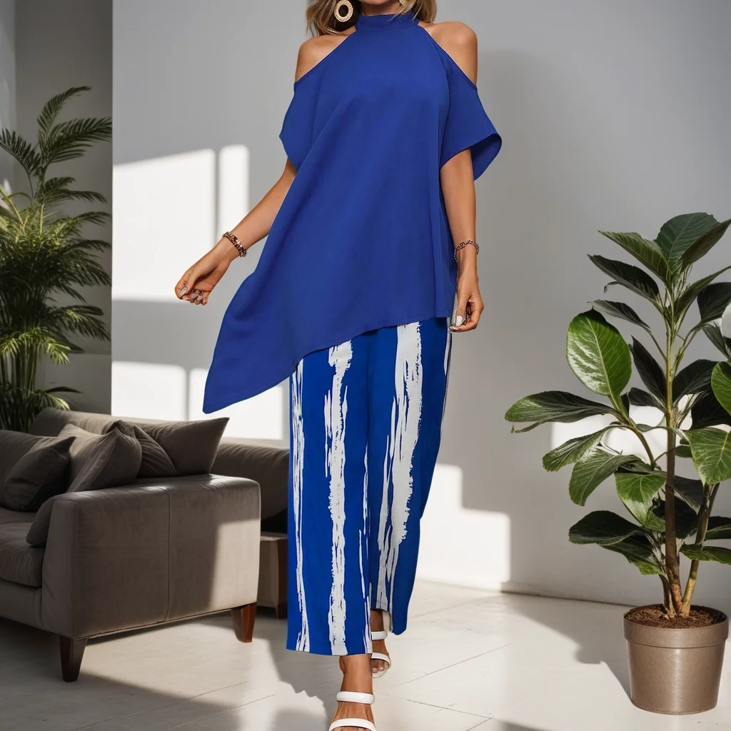 Women\'s plus size 2-piece set Solid Blue Short Sleeve Top with Uncovered Shoulders Elegant Striped Long Pants in Fashion