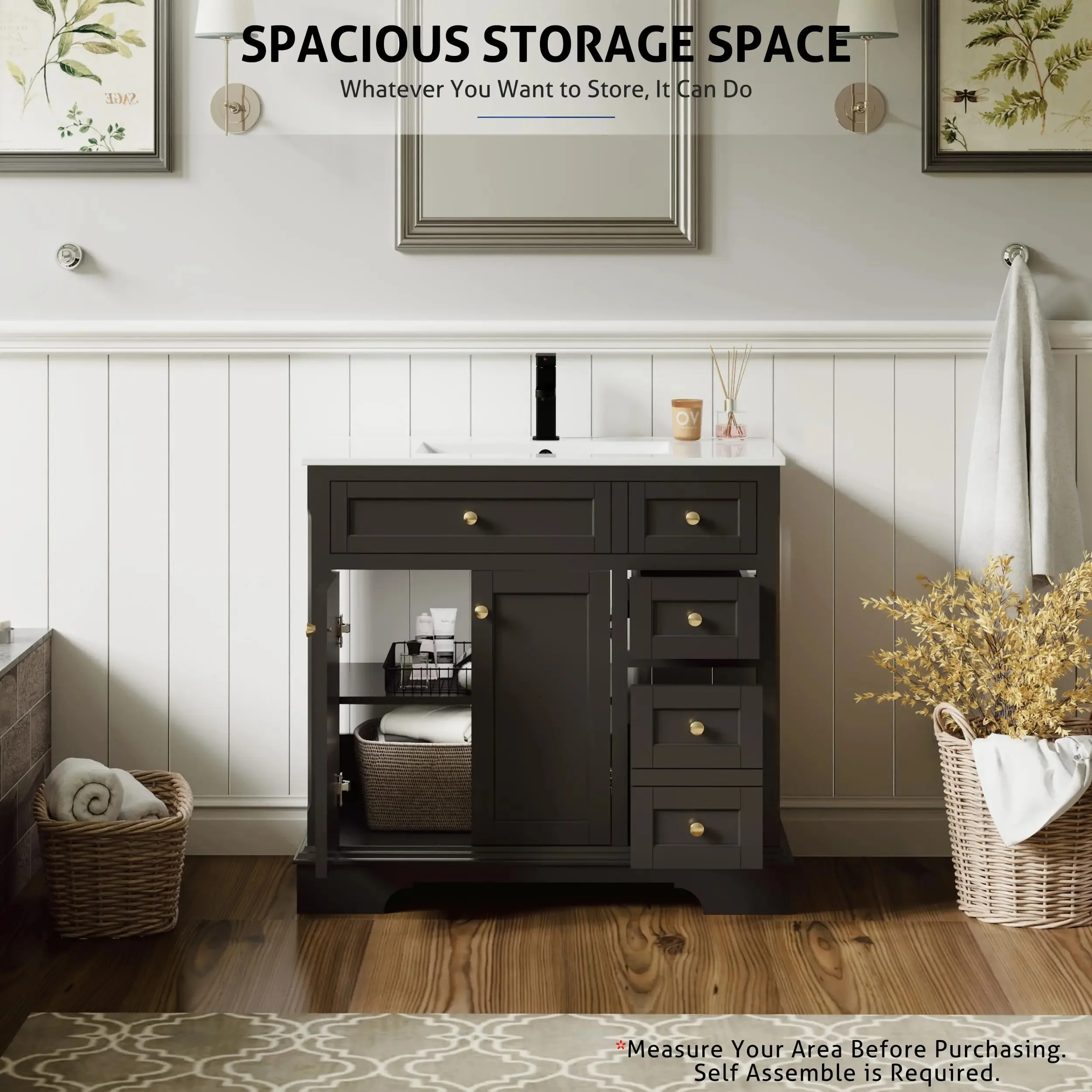 24 "30" 36 "سطح مطلي أثار قوس قدم لينة إغلاق الأبواب خمر الحمام الغرور خزانة مع بالوعة #3