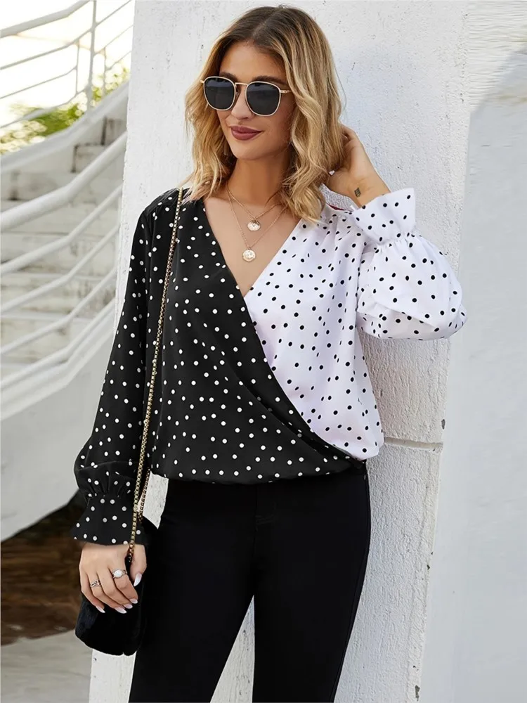 Women\'s Shirt Spring Autumn Polka Dot Color Block Print Long Sleeve Loose Blouses And Tops Casual V Neck Offfice Lady Shirts