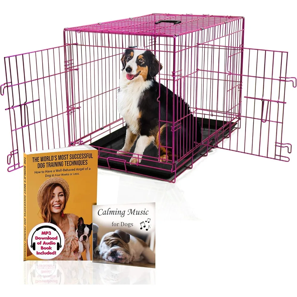 Expressions Luxury Colorful 36 Inch Foldable Dog Crate with 2 Doors | Free Training Ebook and Pet Calming Music | 3 Colors & 3