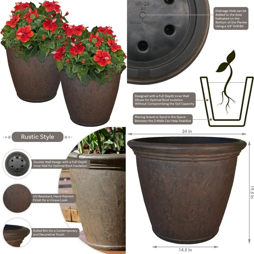 

Большой 24-дюймовый круглый пластиковый уличный горшок с двойными стенками и дренажем для садовых растений