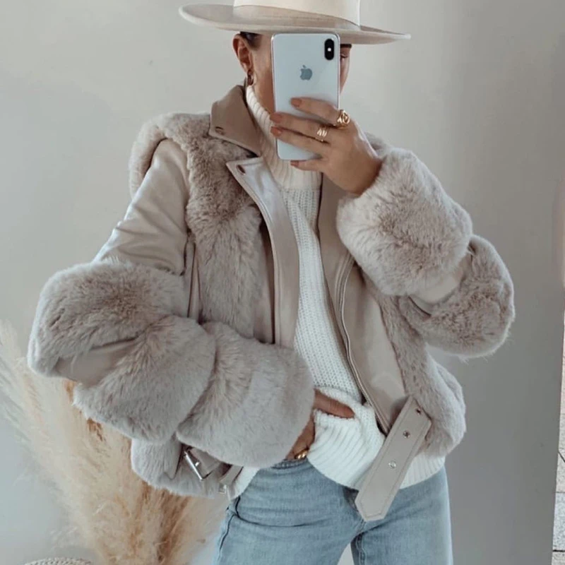 Patchwork Sheepskin Coat Women Winter Warm Thick Luxurious Faux Leather Fur Coat Long Sleeve Women\'s Jacket Motorcycle Coat 2023