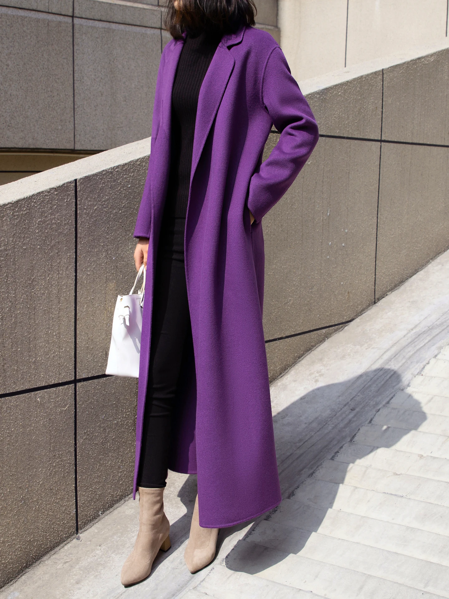 

Длинное фиолетовое двустороннее шерстяное пальто Hebe Sle для женщин: свободный крой, стройнящий силуэт, осенне-зимняя коллекция, высококачественная модная верхняя одежда