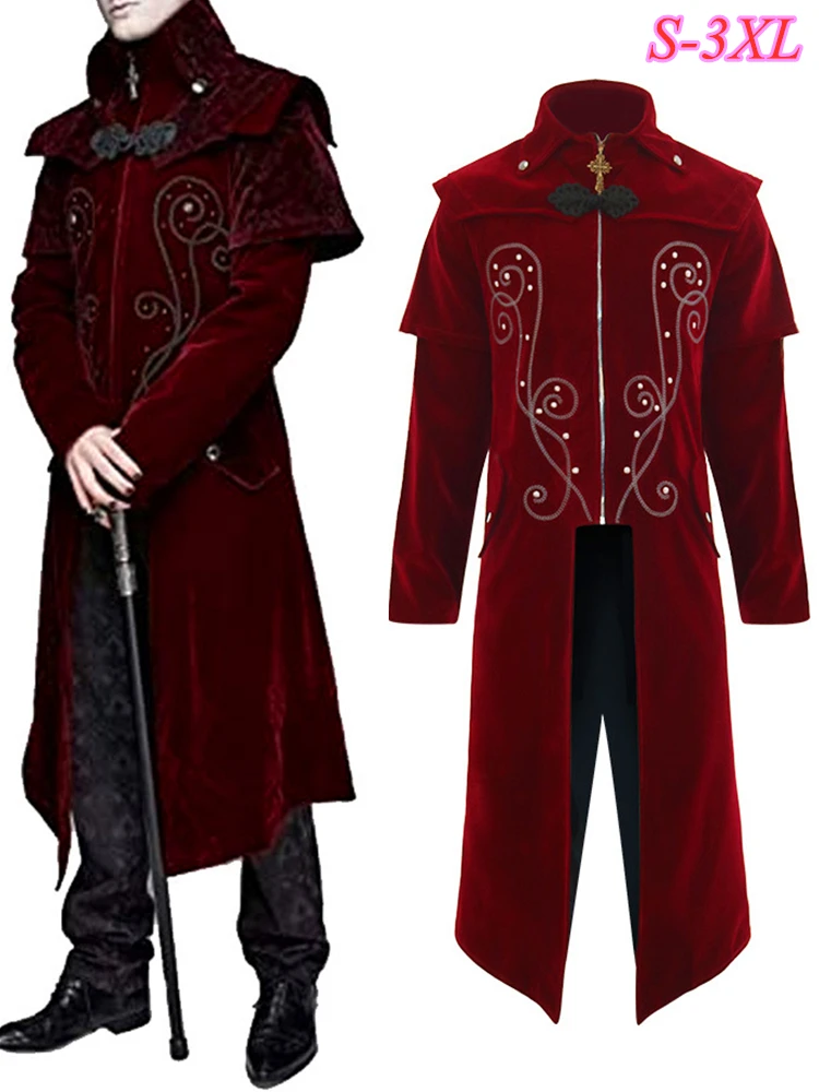 

Medieval Gothic Steampunk Pirate Trench Jacket Victorian Mens Tuxedo Stand Collar Edward Creed Carnival Party Cosplay Costume