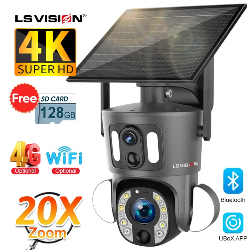 LS VISION 4K 20X Optical Zoom Dual Screen Solar Camera Outdoor 8MP 4G/WiFi PTZ Dual PIR Detection Auto Tracking Security Cameras