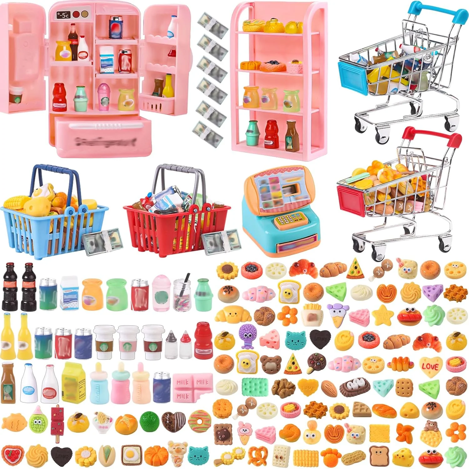 Mini Shopping Cart Basket Miniature Food Drink Bottle Toys, Supermarket Shelve Metal Handcart Cash Register for Dollhouse