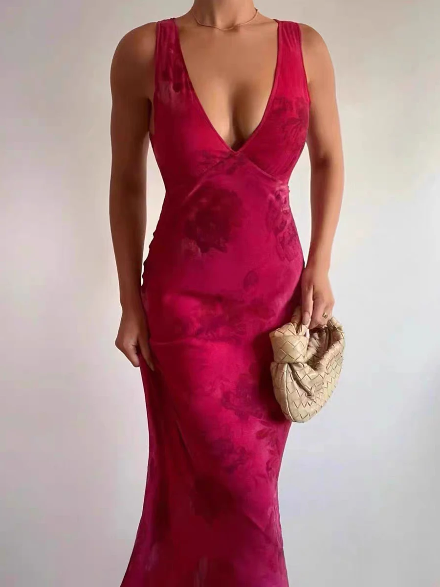 RORORIRI ลายดอกไม้คอวีชิ้นเดียวผู้หญิงแขนกุดริบบิ้นเดรปโรแมนติกร็อสชีฟองชุดยาวปาร์ตี้เสื้อผ้าฤดูร้อน