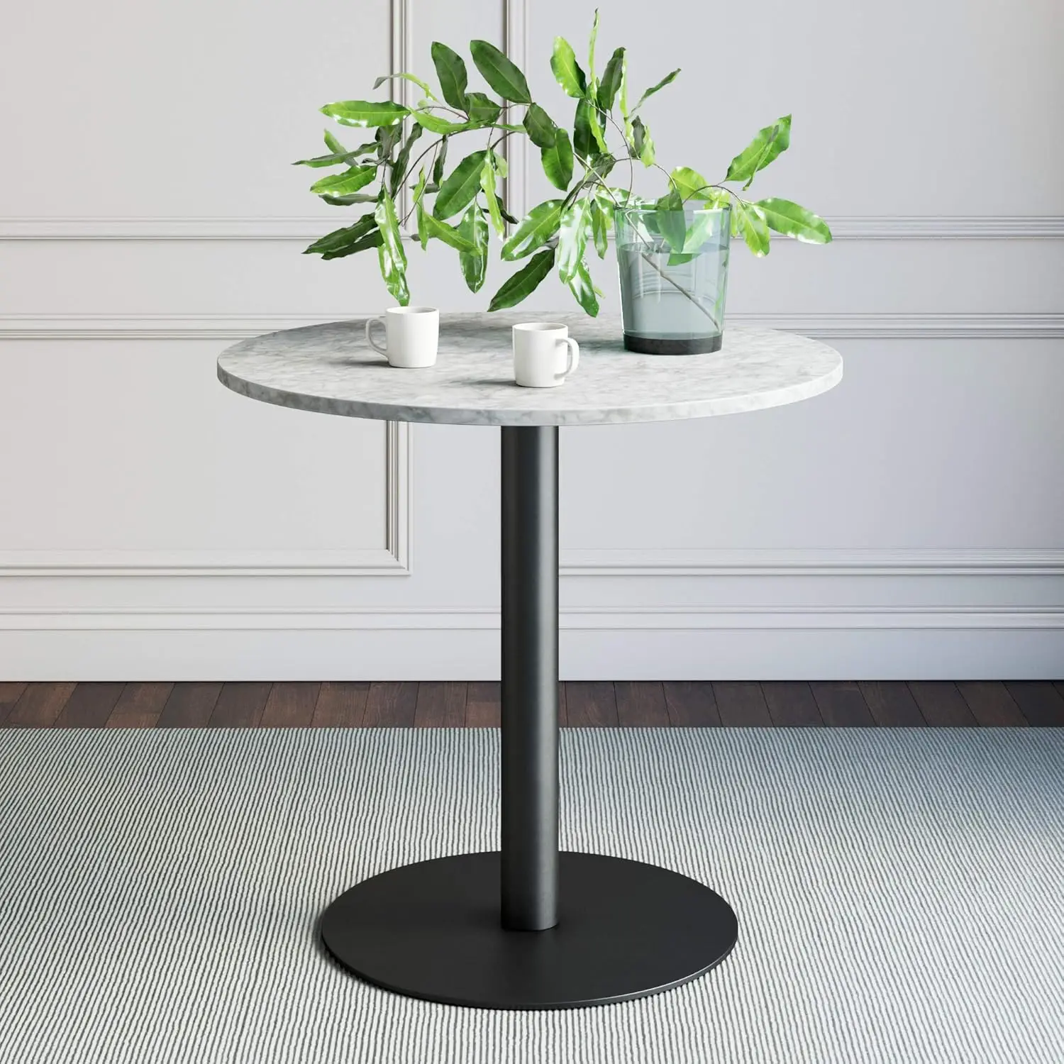 Small Mid-Century Modern Kitchen or Dining Table with Faux Carrara Marble Top and Brushed Metal Pedestal Base, Black, 31.5D x 31