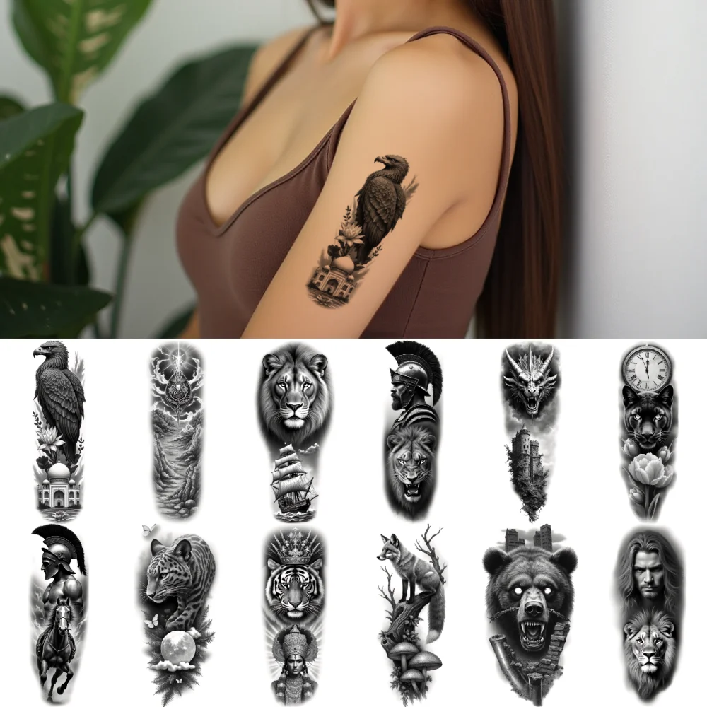 

12pcs Temporary Tattoo Waterproof Long-lasting Body Stickers Roman Soldier Wolf Warrior Dragon Castle For Adult Male Thigh