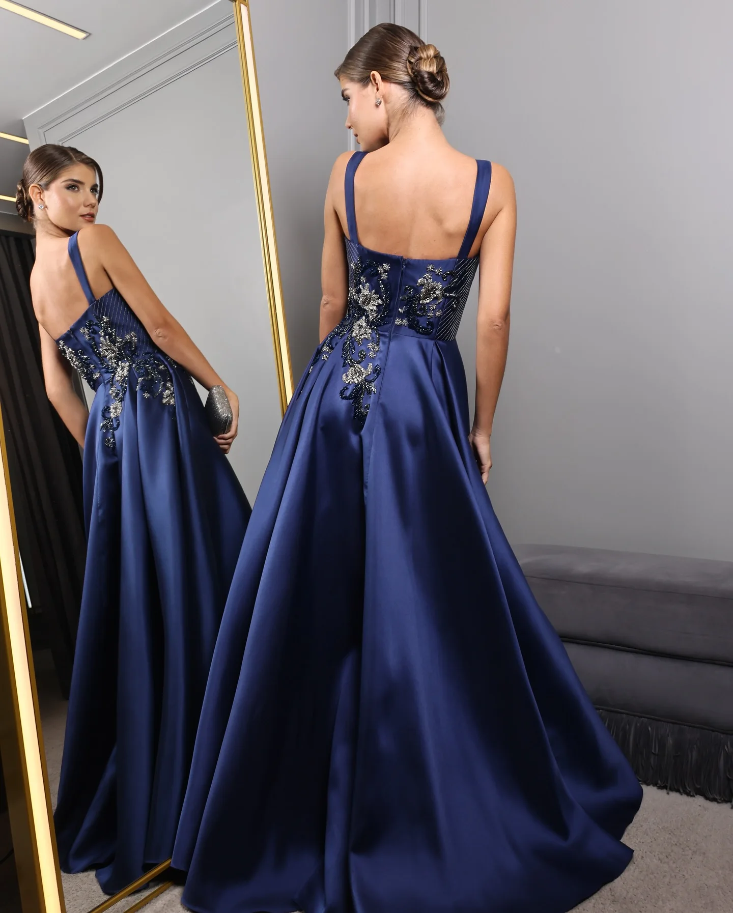 OLOEY Women's Navy Blue Evening Dresses Beads Embroidery Straps Satin Prom Gowns Wedding Formal Party Mother Bride Exquisite