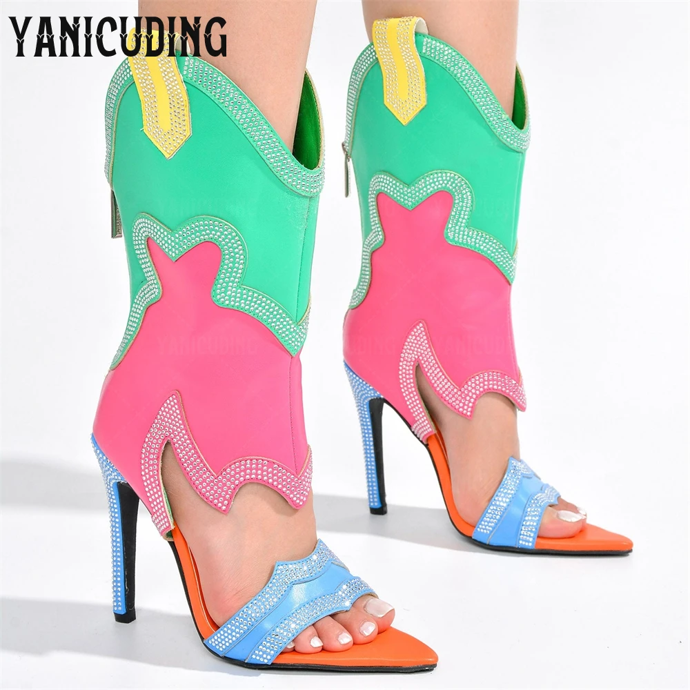Skinny Rhinestone Western Summer Booties Open Toe High Heeled Sandals Pointed Stiletto Heel Luxurious Handmade Boots for Women