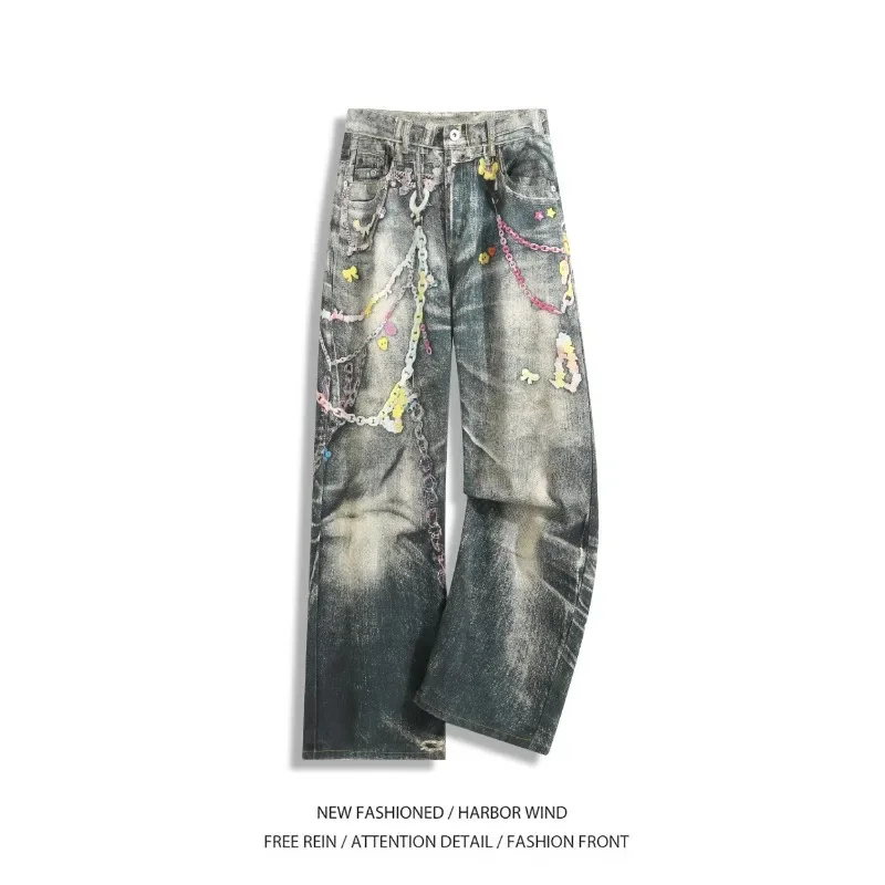 

Джинсы с 3D принтом Candy Chain, мужские и женские прямые джинсы Y2k, уличные синие джинсы, модные мужские джинсовые джинсы ‌ Брюки