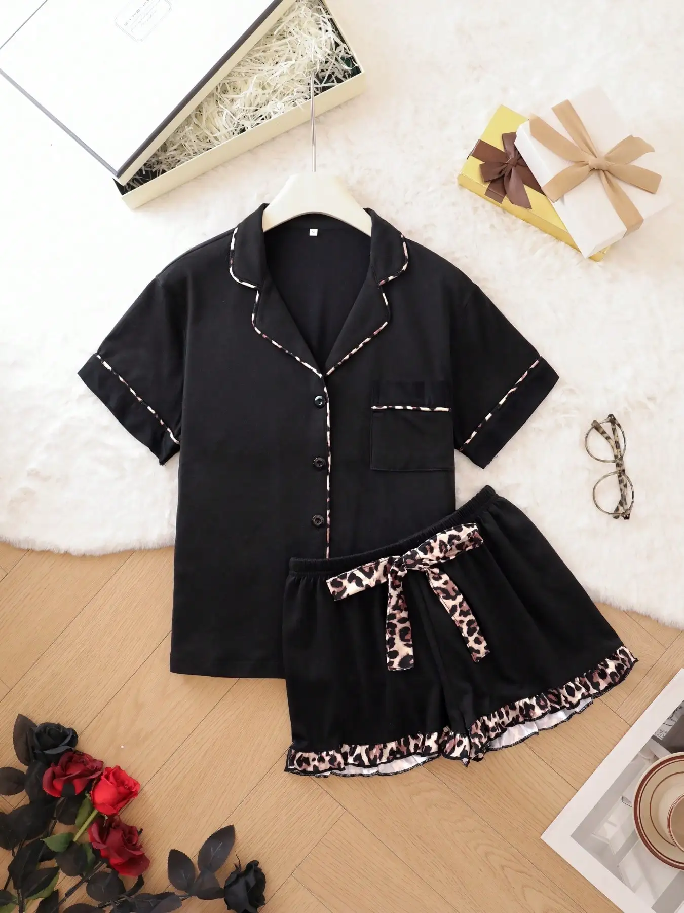 

Women's Black Pajama Set with Leopard Trim, Short Sleeve Button Front Top & Bow Shorts