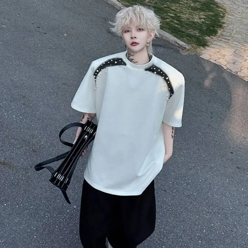 LUZHEN Personalized Pearl Loose Decorate 2026 Casual Patchwork Summer Tops Men's Stylish Solid Color Short Sleeve T-shirt JY7332