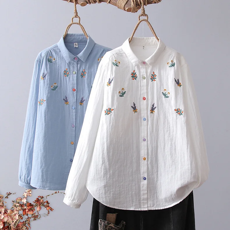 Autumn clothes for women Japan style long sleeve shirts cotton yarn blue white leaves embroidery blouses for lady tops