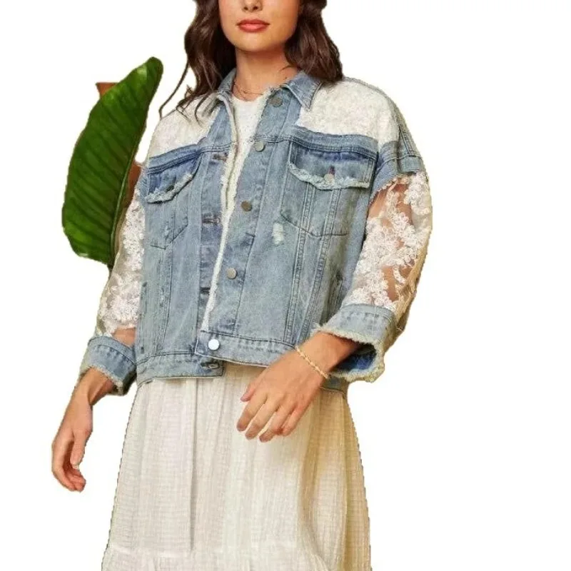 

2025 European Women's New Fall/Winter Denim Jacket with Hole-Embossed Netting and Patchwork Design