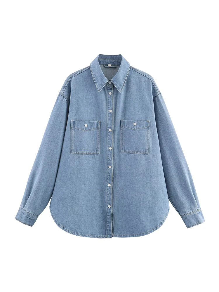 

European and American style autumn new fashion women's casual temperament simple lapel long sleeve loose denim shirt