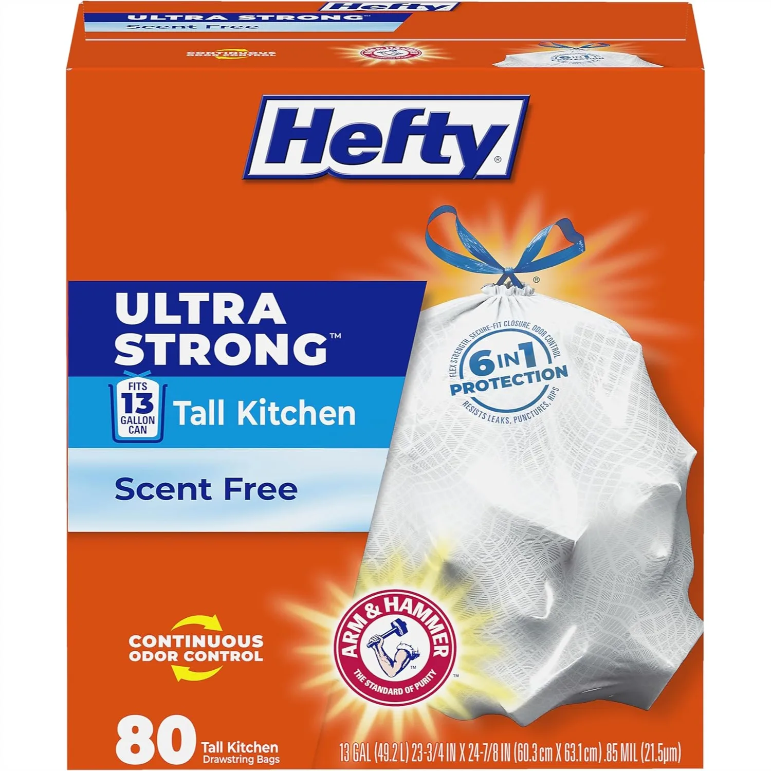 

13 Gallon Tall Kitchen Trash Bags, Ultra Strong Drawstring Garbage Bags with Odor Control, Unscented White, 80 Count