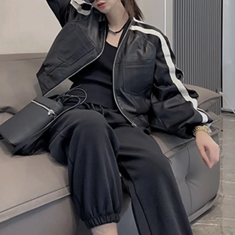 Modna skórzana kurtka motocyklowa damska do gier sportowych, kolor V-Ne, skóra bydlęca, płaszcz do dojazdów do pracy, wiatroodporny, jednolity kolor.