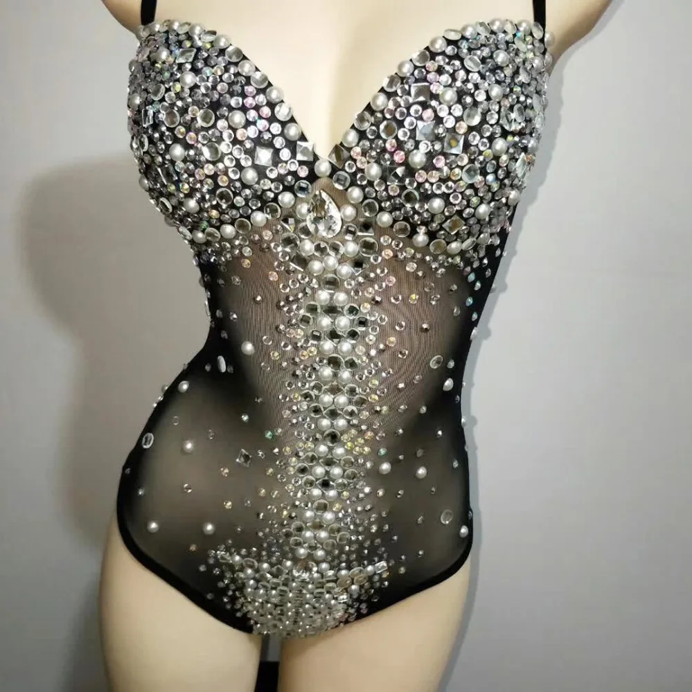 

Lady Sexy Nightclub Sparkly Rhinestones Black See-through Bodysuit Backless Skin Color Mesh Jumpsuit Singer Stage Costume Wear