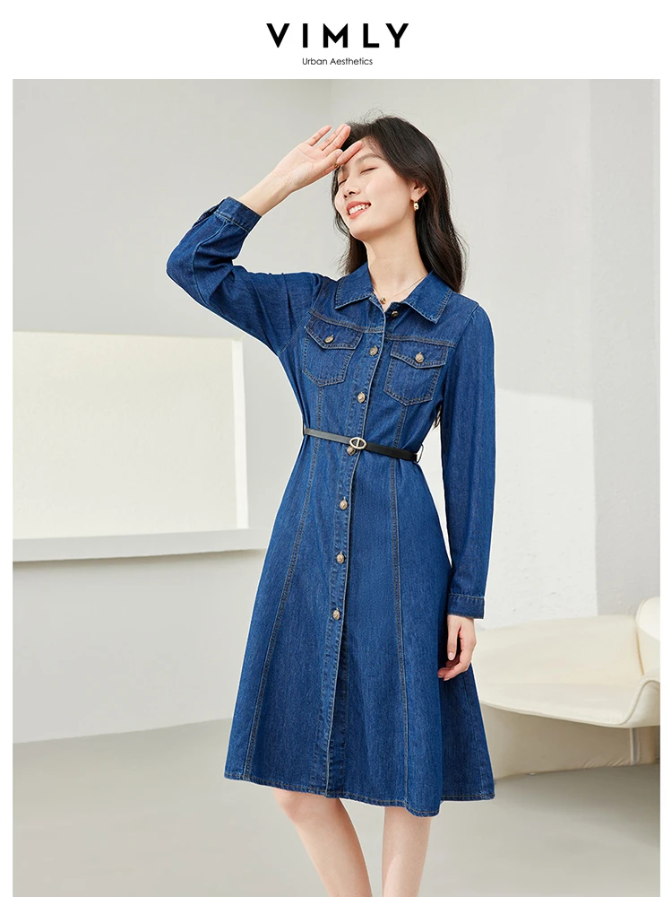 

Vimly Retro Blue Denim Shirt Dress for Women 2024 Spring Casual Lapel Button Up Belt A-line Cotton Washed Jean Dresses 72956