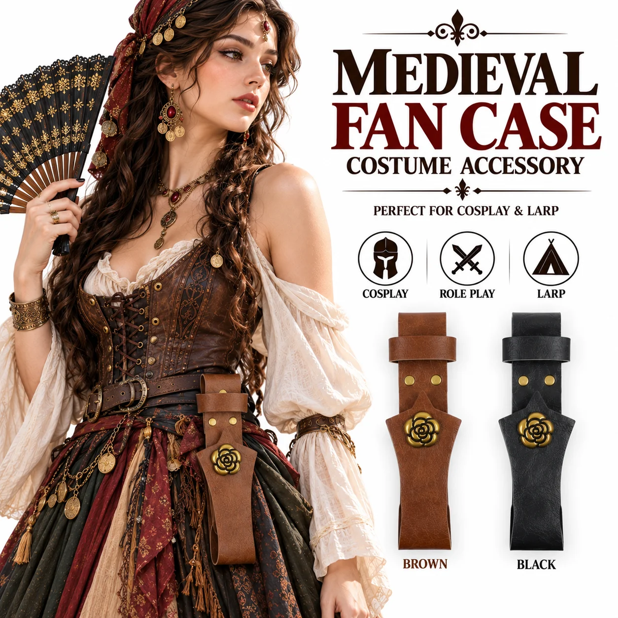 Halloween Medieval Butterfly Fan Case PU Leather Waist Fan Holder Cosplay LARP Costume Prop