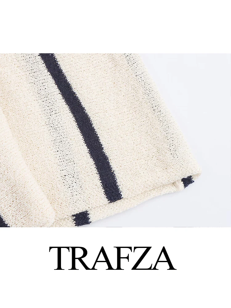 HH Women's Fashion V-neck Vintage Striped Trimming Knitted Dress Female Elegant High Street Casual Lace-up Sleeveless Dress