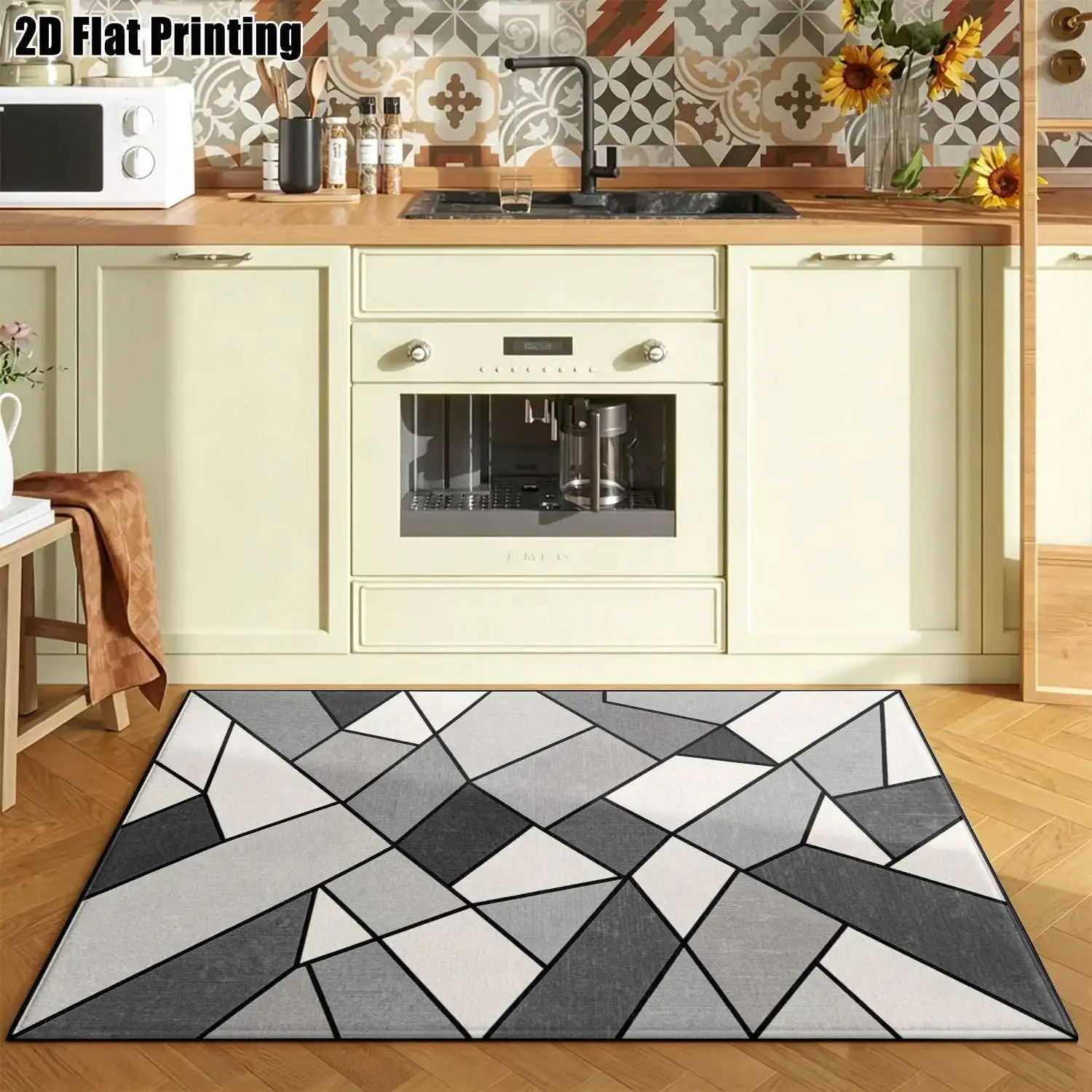 1Pc 2D Printed Black White Geometric Abstract Pattern Carpet Modern Simple Nordic/European Style, Multi-Size, Machine Washable, for Entrance/Dining Room/Bedroom/Living Room/Home Decor