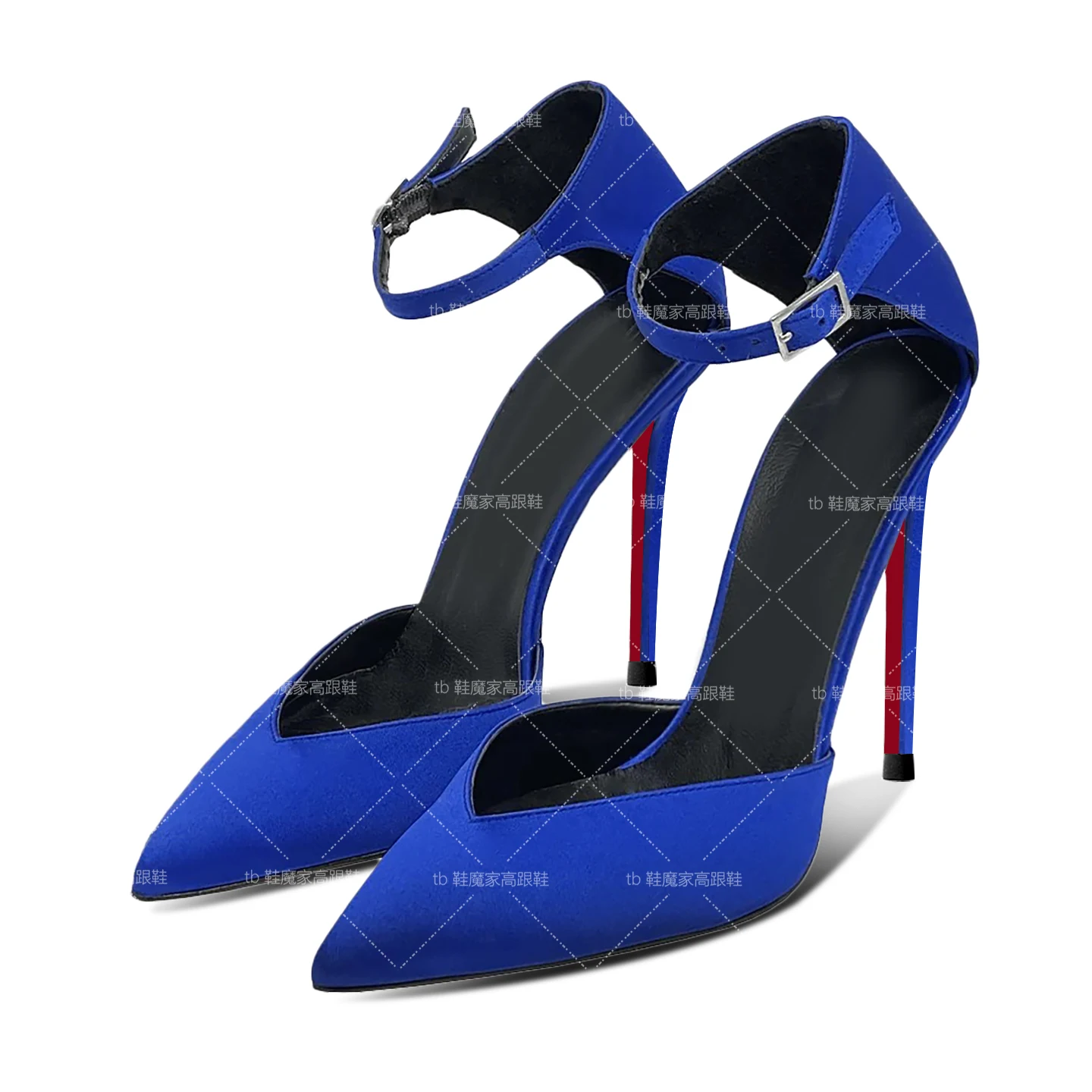 

Tall and elegant red-soled high heels, royal blue silk v-toe new satin high heels, women's hollow-out sexy single shoes