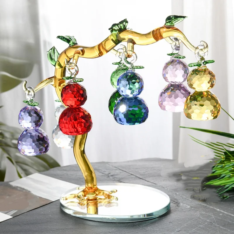 Crystal Glass Wealth Gourd Tree Ornament, Feng Shui Fulu Lucky Tree for Living Room, Desktop Home Decoration and Creative Gift