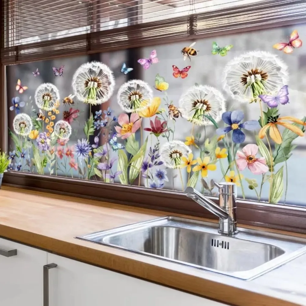 1pcWildflower Meadow Window Clings, Dandelion and Butterfly Glass Decals,  Static Cling No Glue
