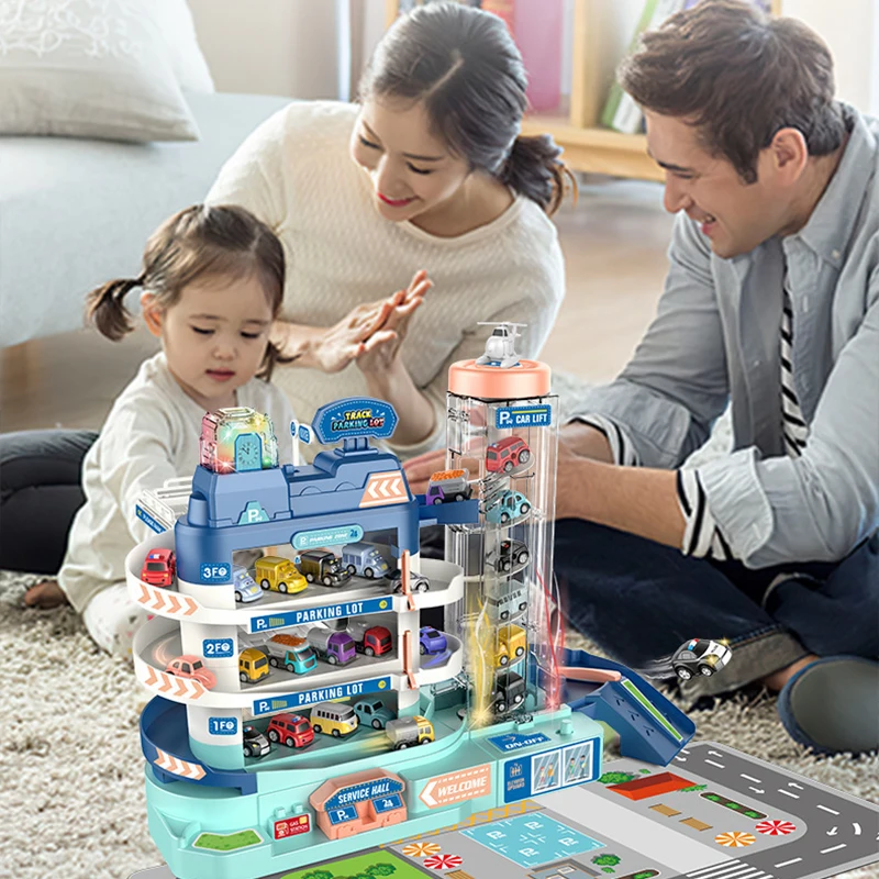 Pista elettrica Parcheggio Auto Giocattolo Edificio Treno da corsa Pista Giocattolo per bambini Regali Avventura meccanica Gioco da tavolo per cervello