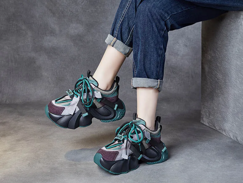 Thick soled fashionable color matching lace up high heels, casual retro sports shoes, travel single shoes, women's shoes