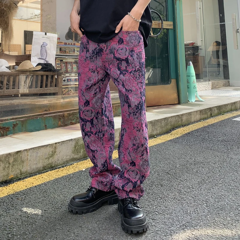 Personalized street high-end fashion men's jeans Straight loose fashion jacquard casual hip-hop print crafted men's clothing