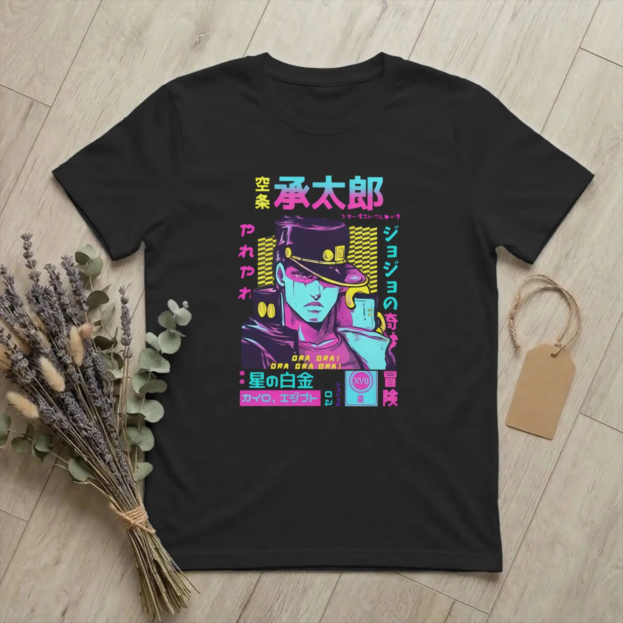 Vaporwave Aesthetic Jotaro Kujo Manga T-Shirt for Men Joestar Family Bizarre Adventure 100% Cotton Tee Shirt Crewneck T Shirt