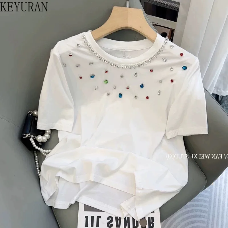 Color Diamond Short Sleeve T-shirt for Women 2024 Summer New Korean O-Neck Versatile Casual Loose Pure Color Cotton Tshirts Tops