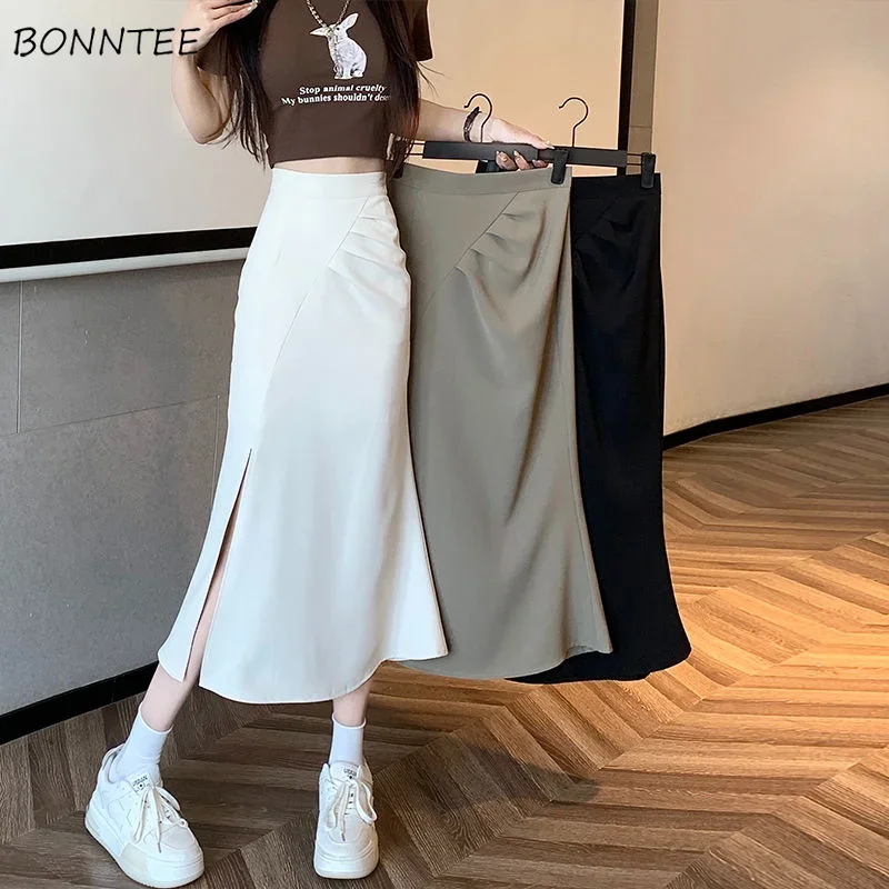 

Skirts Women Solid Folds Simple Elegant Popular Basics Ladies All-match Daily Creativity Spring Korean Style Fashion Temperament