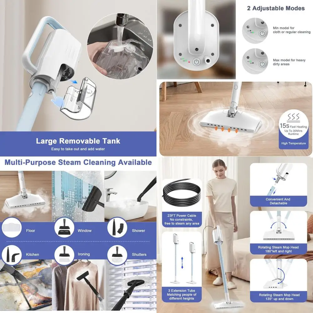 

Многофункциональная паровая швабра с вращающейся головкой, 2 режима, резервуар емкостью 400 мл, шнур длиной 23 фута, для пола и плитки (голубой)