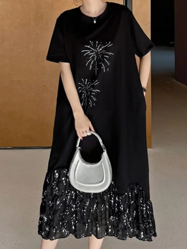 ฤดูร้อน Oversize Patchwork เสื้อยืดผู้หญิงแขนสั้นสีดําสุภาพสตรีชุด Vestidos Robe เสื้อผ้า