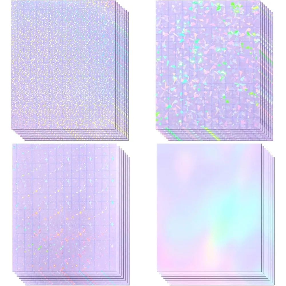 Holographic Laminate Sheets Clear Self Adhesive Sticker Paper Transparent Waterproof Laminating Sheets Holographic Vinyl Overlay for Stickers Cricut Crafts Photos 8.5x11 Inch 4 Styles 36 Sheets