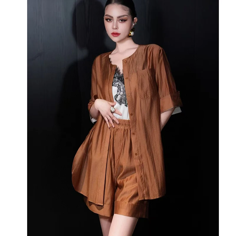 

Summer New Three Dimensional Cutting O-Neck Half Sleeve Top+Elastic Waist Shorts + Lace Up Fashion Women's Set S-XL