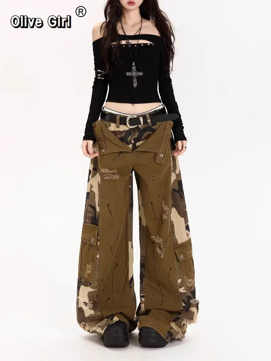 النساء الجينز Harajuku خمر فضفاض سراويل جينز براون التمويه المرقعة ممزق البضائع اليابانية 2000s Y2k ممزق الجينز السراويل #1