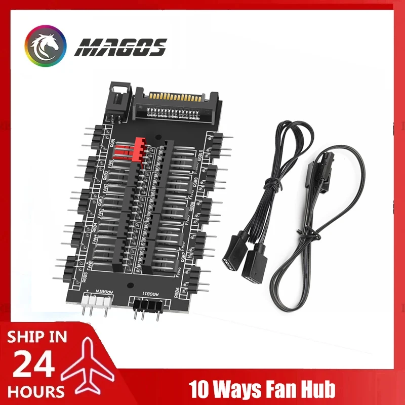 Hub de Ventiladores RGB ARGB+PWM 2 en 1, Colector Divisor de 1 a 10 Vías, Compatible con MB 5V 3Pin AURA SYNC, Tira de Luz LED, Enfriador de Ventilador RGB para PC