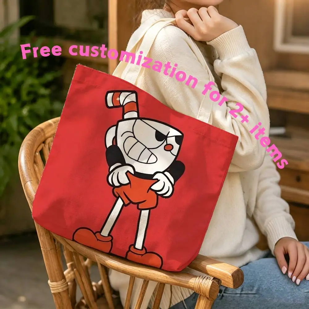Cute Mug-man Game C-Cup-head Waterproof Lined Canvas bags suitable for going to class, shopping, gifts, and commuting