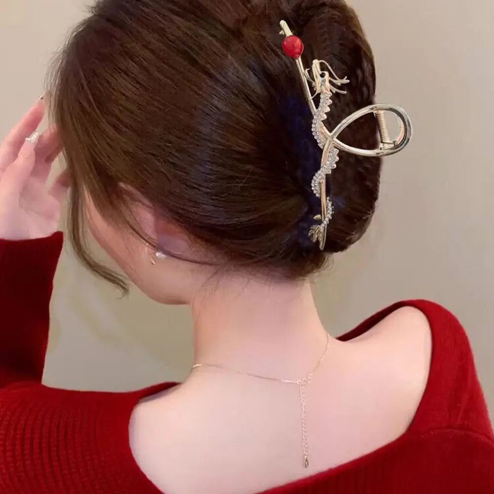 New Chinese Style Hair Clips with Pearl Rhinestone Hair Comb Alloy Metal Dragon Shaped Rhinestone Hairpin Hair Accessories view 2