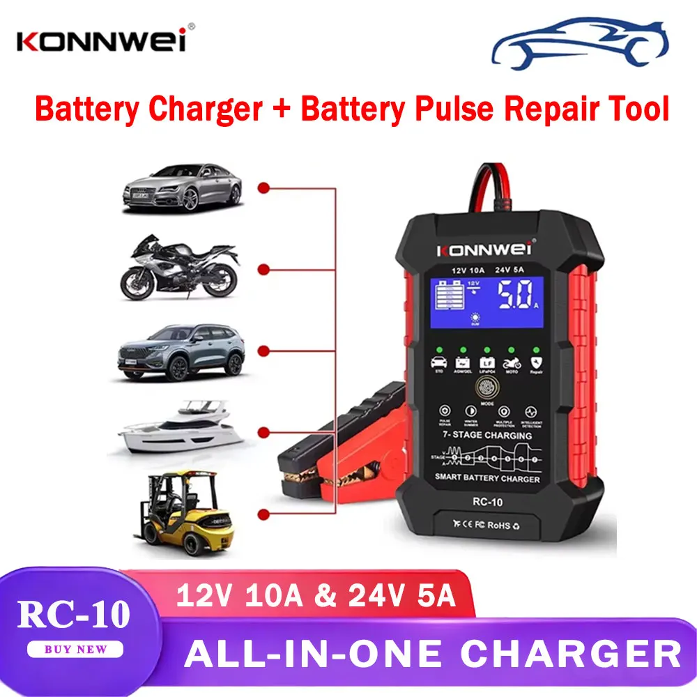 KONNWEI RC-10 12V-24V 10A-5A autó-teherautó akkumulátor töltő bank autószerelő szerszám impulzus autós töltő táp ólom-savas AGM gél